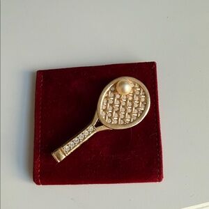 Swarovski Gold Tennis Racket Pin / Brooch with Pearl